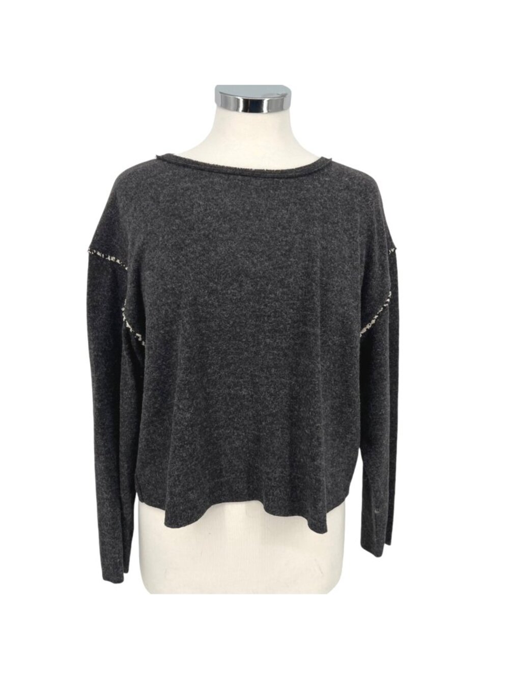 Hem & Thread Contrast Trim Relaxed Long Sleeve Top Charcoal Size Small NWT